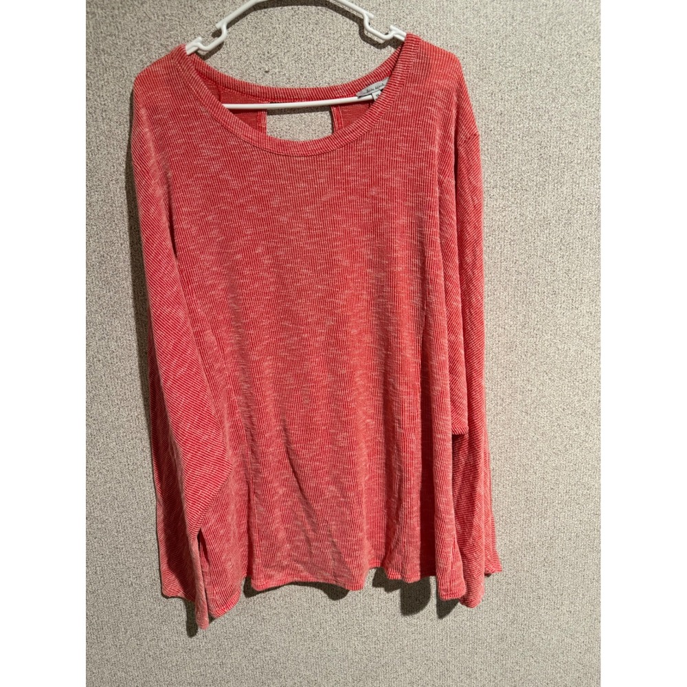 White Birch Womens 1X Coral Pink Marled Rib Knit Open Back Surplice Top Pullover